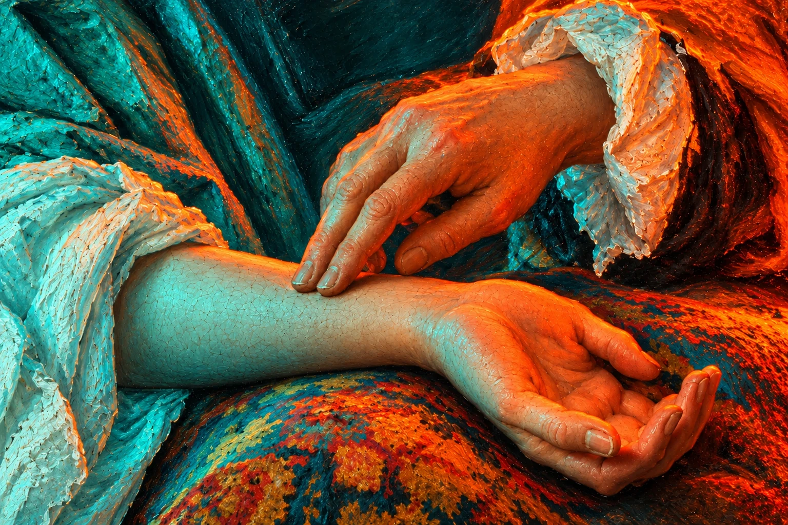 Close-up of painted fingers checking a wrist, lit with vivid orange and teal highlights.