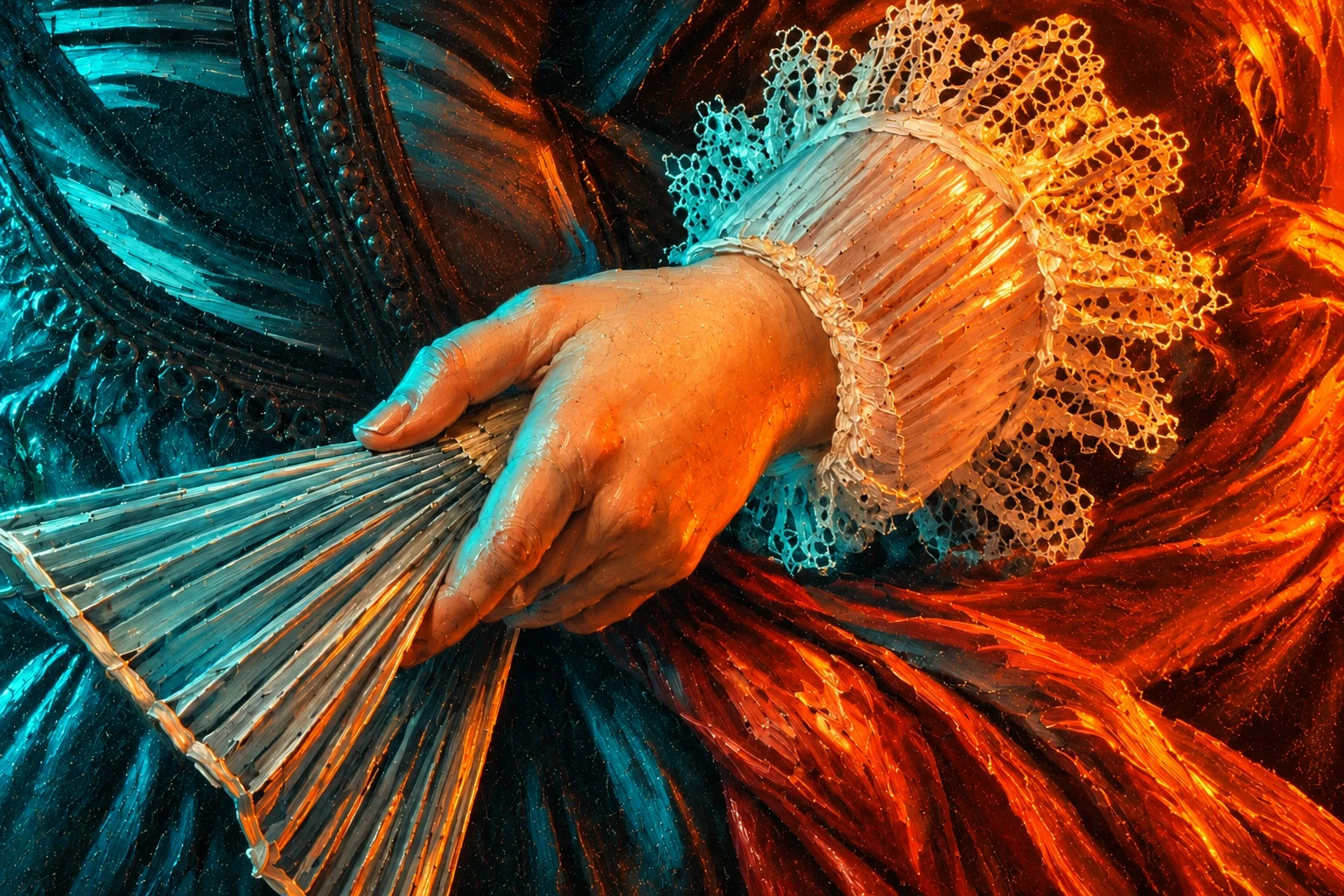 Close-up of a painted hand holding a fan with vivid orange and teal light across lace and fabric.
