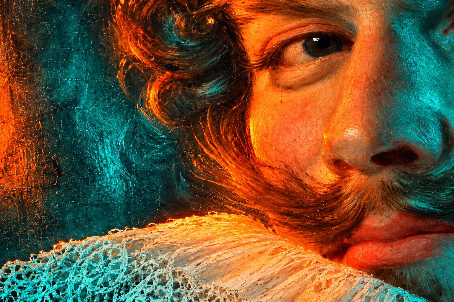 Close-up of a painted eye and lace collar with vivid orange and teal neon highlights.