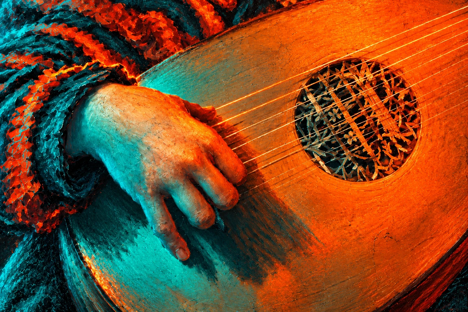Close-up of a painted hand plucking lute strings with vivid orange and teal neon highlights.