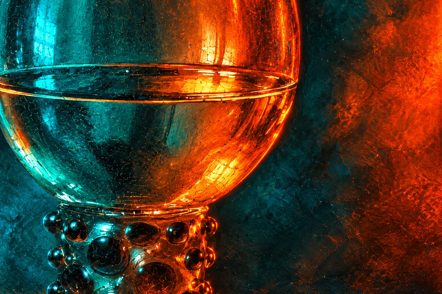 Close-up of a painted glass goblet with vivid orange and teal reflections.