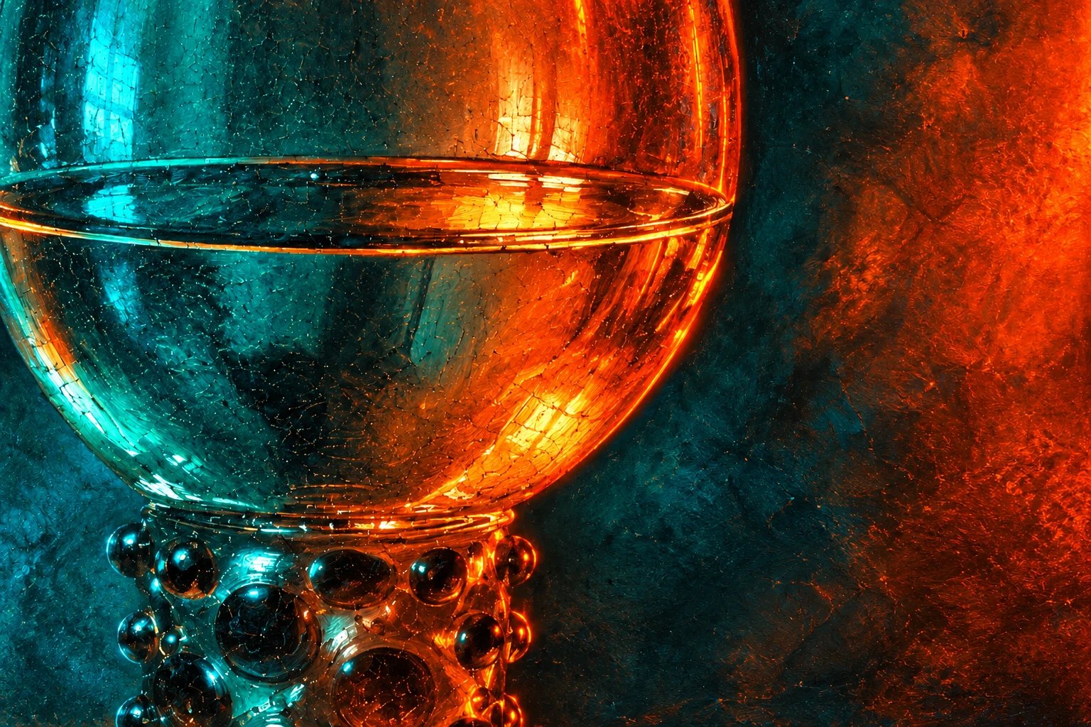 Close-up of a painted glass goblet with vivid orange and teal reflections.