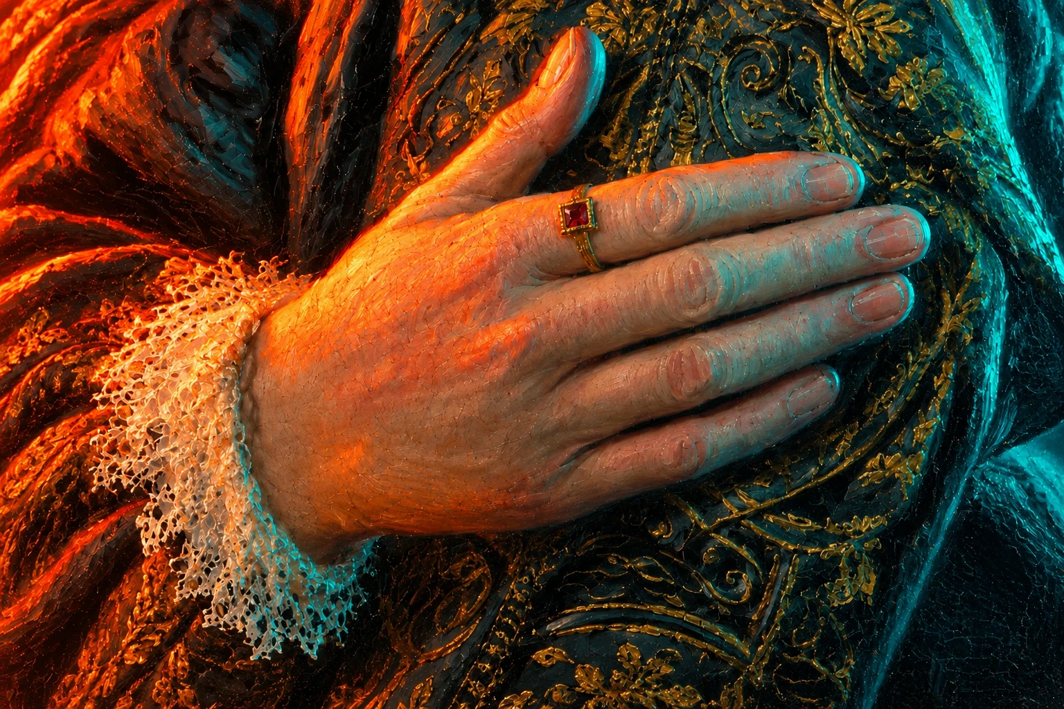 Close-up of a painted hand wearing a gold ring against embroidered fabric, with vivid orange and teal neon highlights.