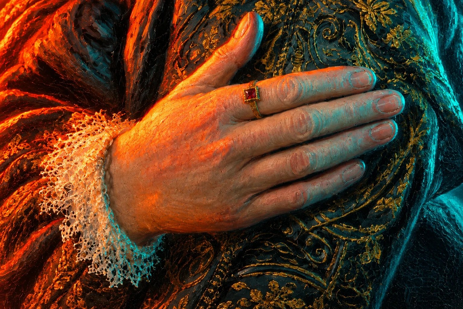 Close-up of a painted hand wearing a gold ring against embroidered fabric, with vivid orange and teal neon highlights.