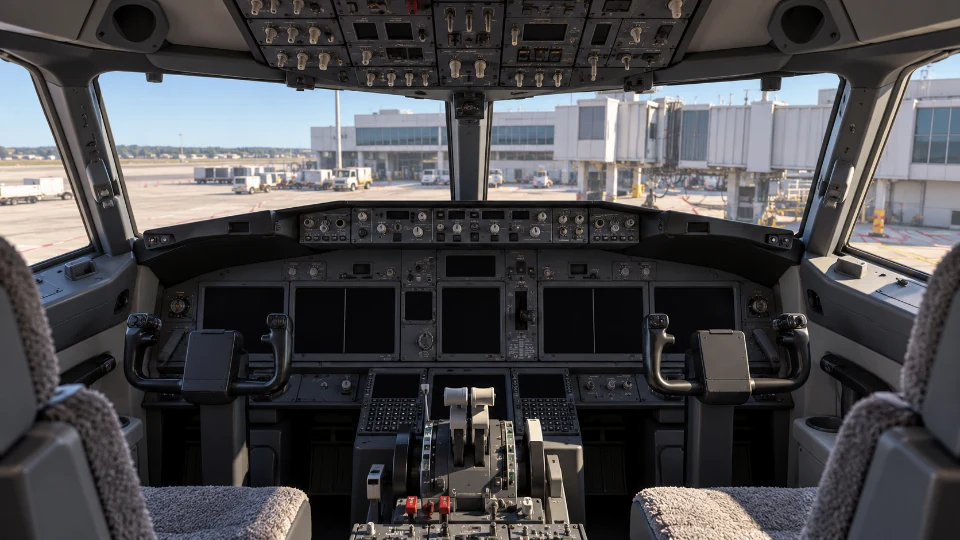 An unpowered Boeing 737-800 cockpit with dark instrument displays.