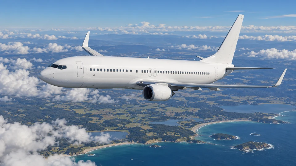 A Boeing 737-800 cruising above the Australian countryside.