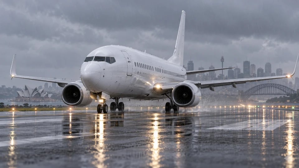 A Boeing 737-800 on a rain-soaked runway under overcast skies.