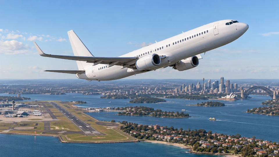 A Boeing 737-800 climbing away from Sydney airport.