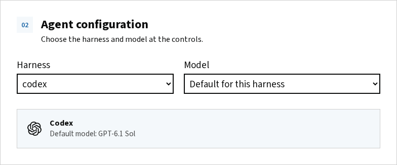 Agent configuration with Codex selected and the default model preview.