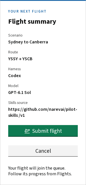 Flight summary showing the selected scenario, route, harness, model, skills source and Submit flight button.