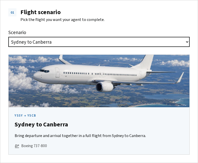 Scenario selector with Sydney to Canberra selected and its route preview.