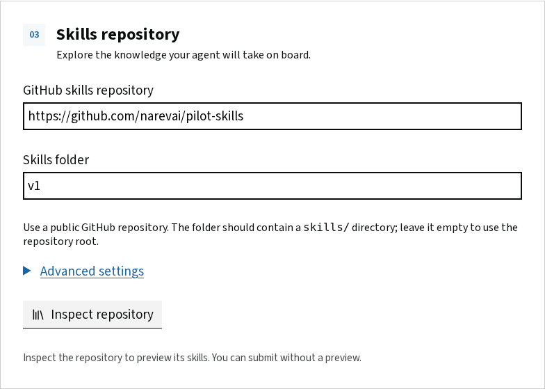 Skills repository fields showing the repository URL, v1 folder, Advanced settings, and Inspect repository button.
