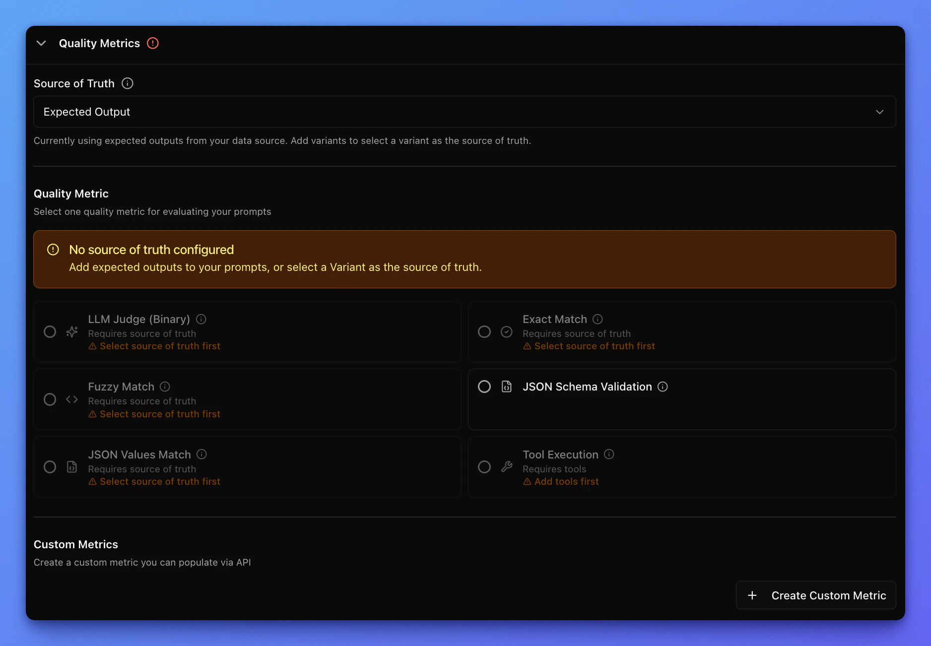 Narev Cloud quality metrics setup view