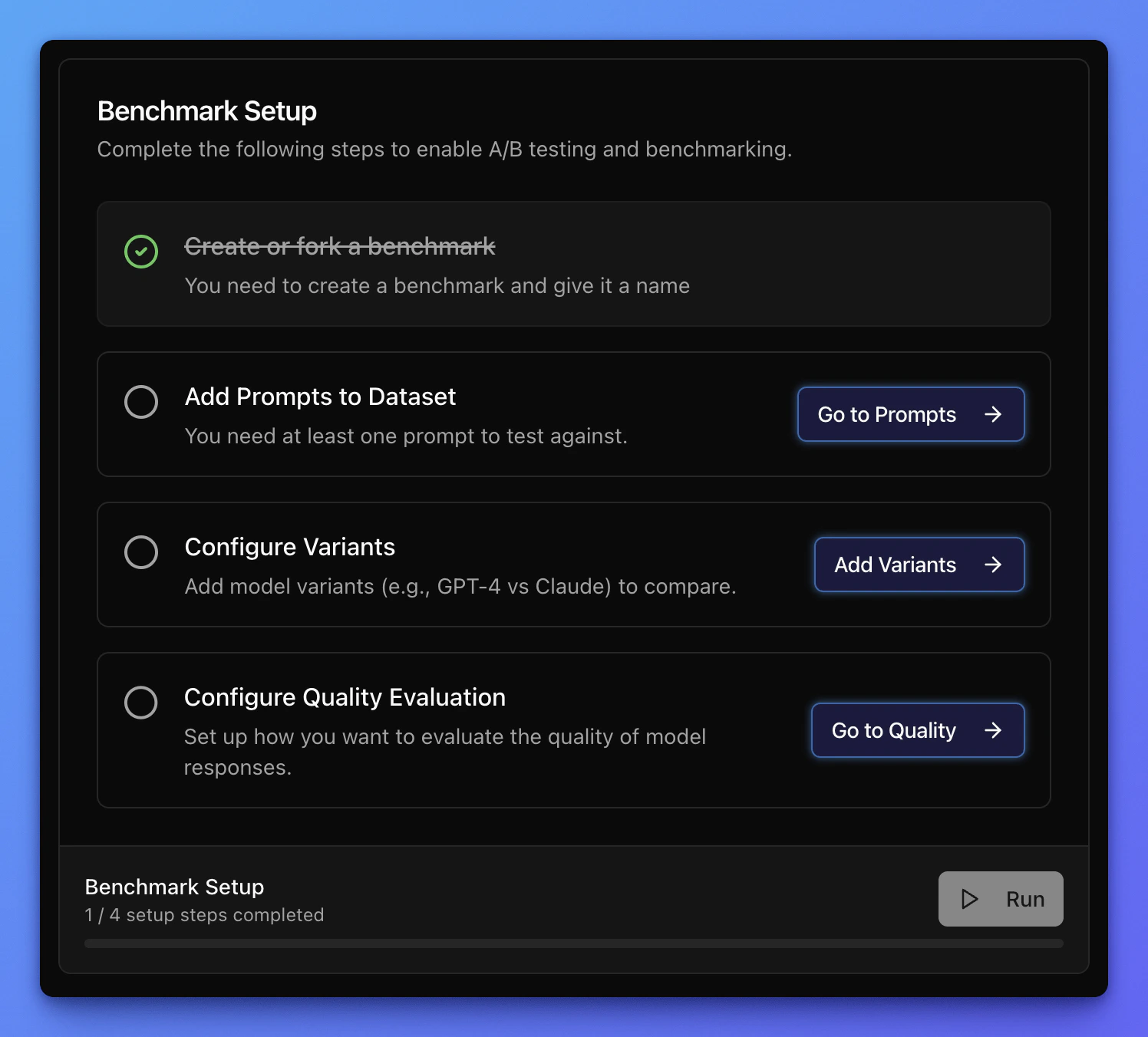Narev Cloud benchmark setup checklist view
