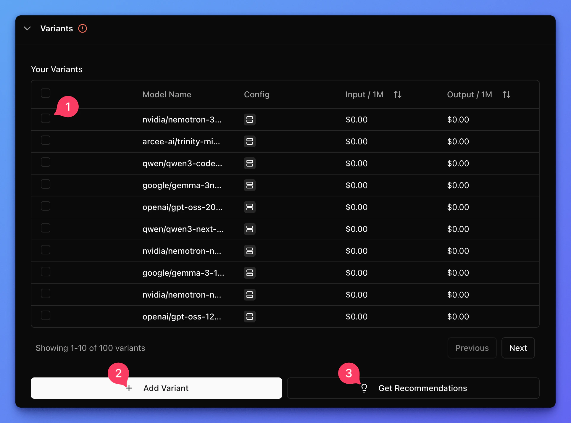 Narev Cloud benchmark variant selection view
