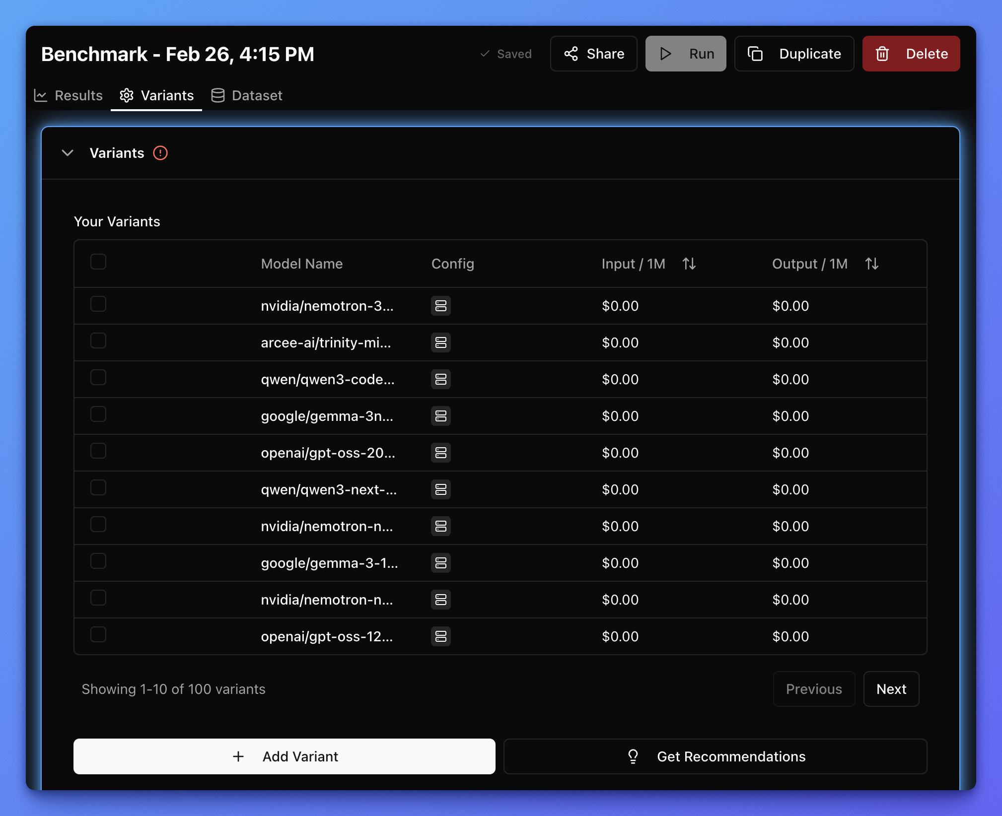 Benchmark setup variant library selection