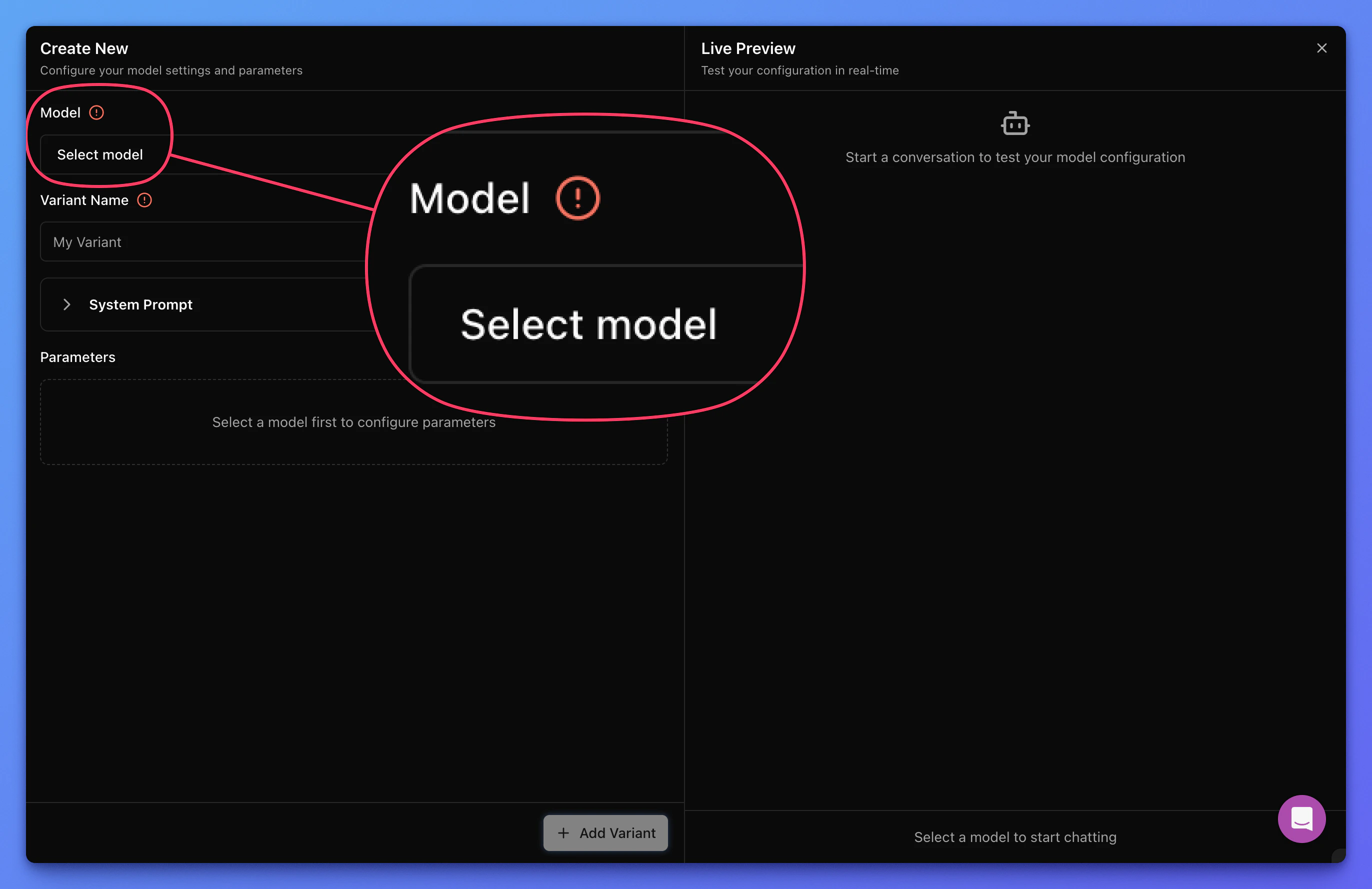 Variant creation sheet in Narev Cloud
