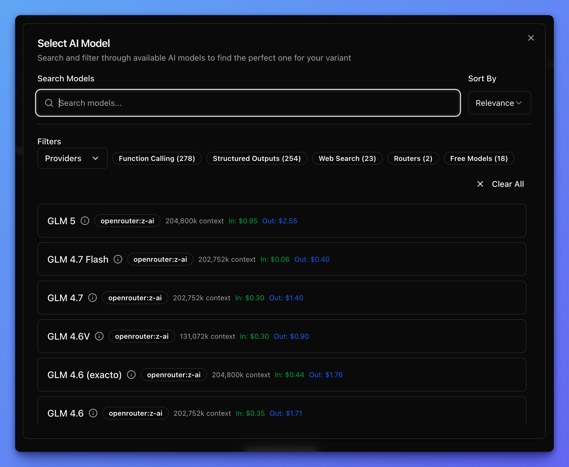 Variant model search dialog in Narev Cloud