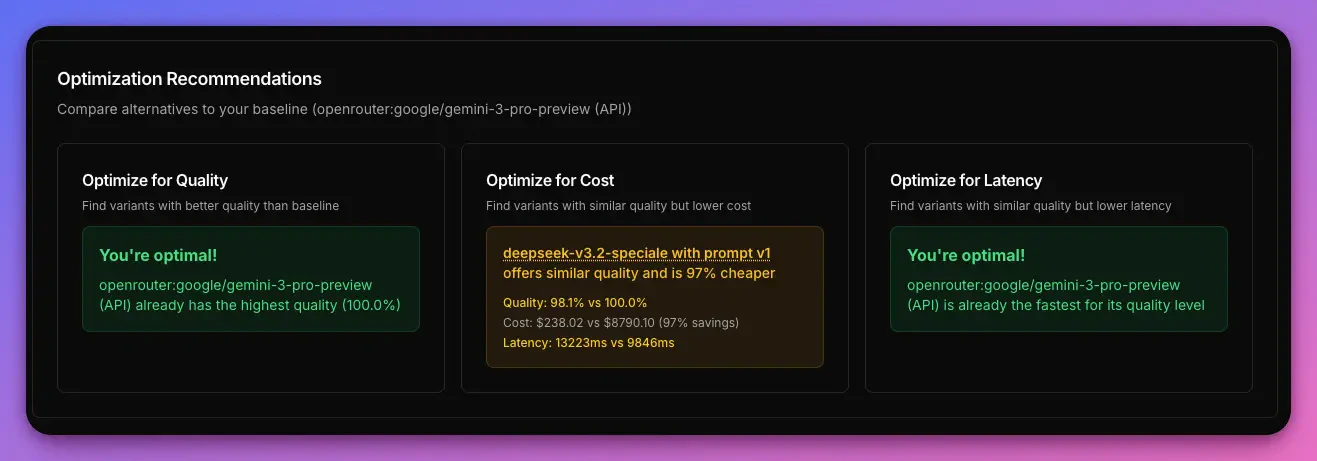 Recommendation showing the tradeoff with DeepSeek