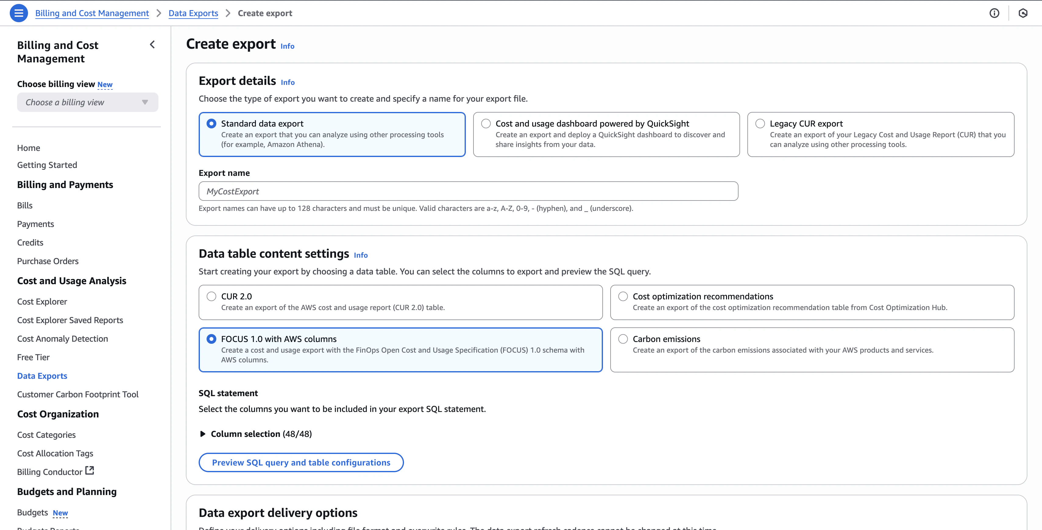 AWS Create Export Interface