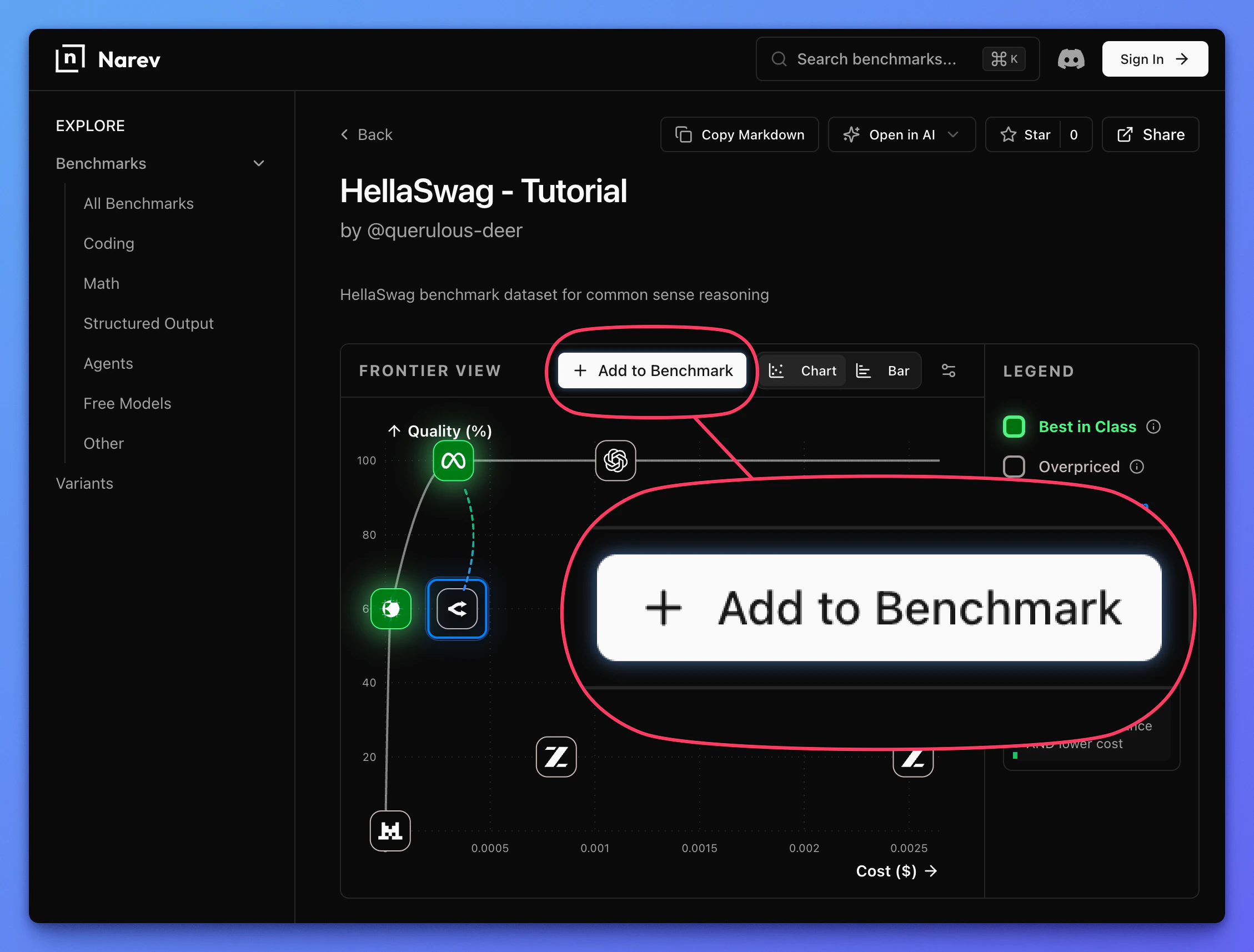 Benchmark Hub page with the Add to benchmark control highlighted.