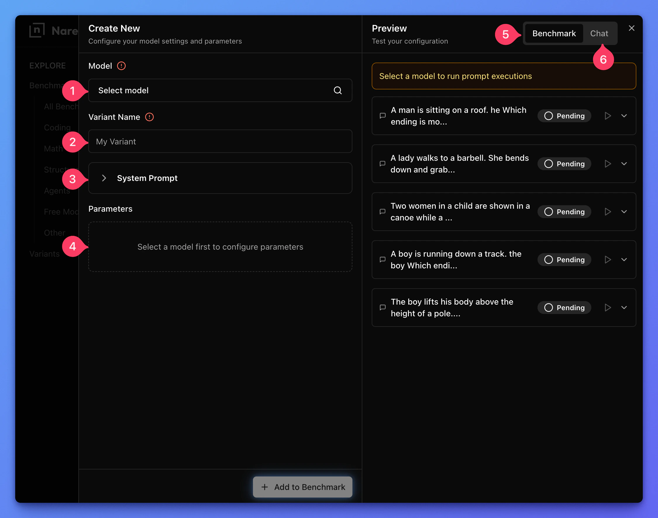 Variant sheet with model picker, name, prompt, parameters, and preview areas annotated.