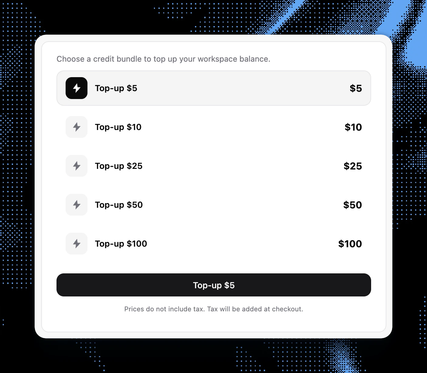 Billing dashboard using Narev pre-built components showing top-up options