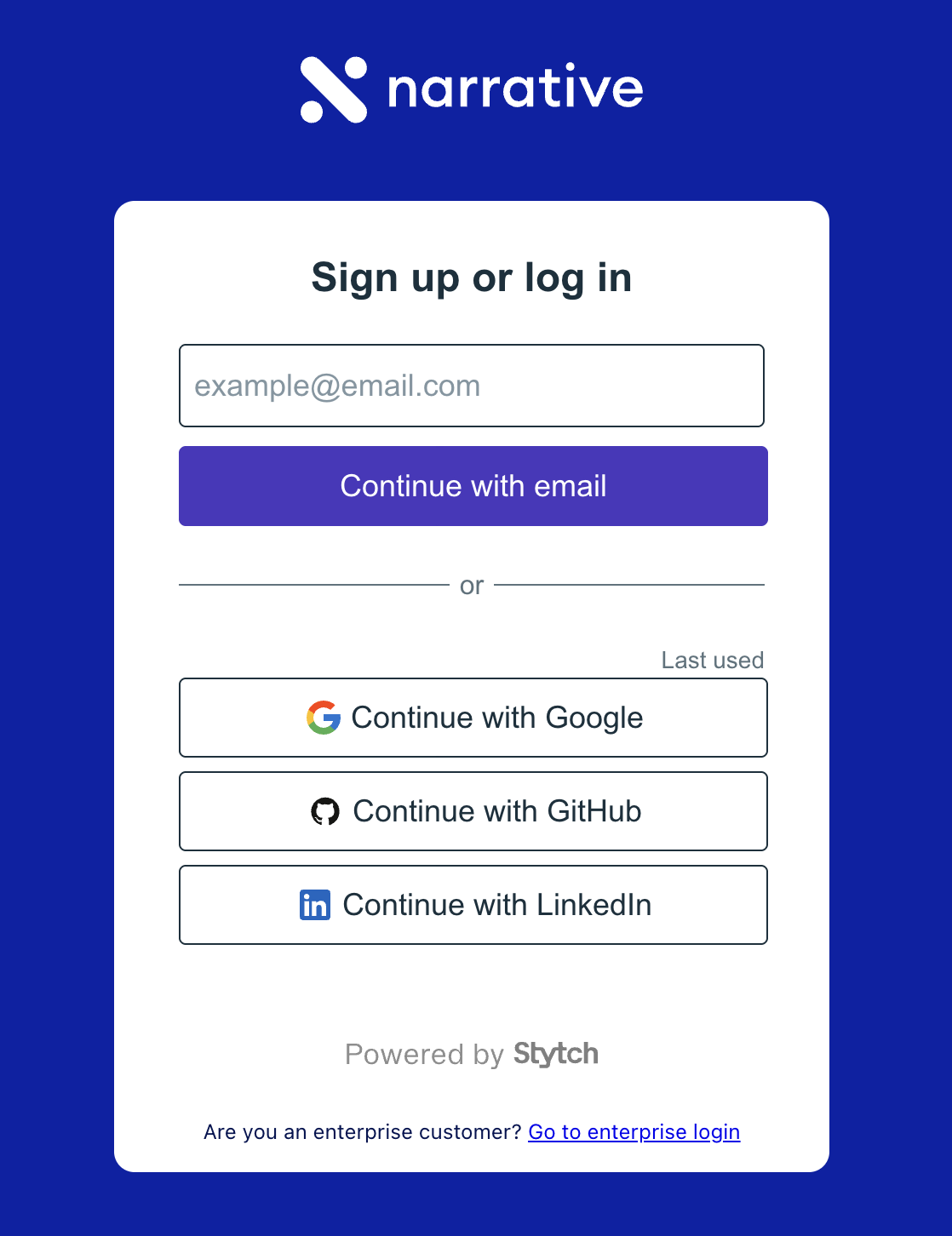 Narrative sign up page showing email field and SSO options for Google, GitHub, and LinkedIn