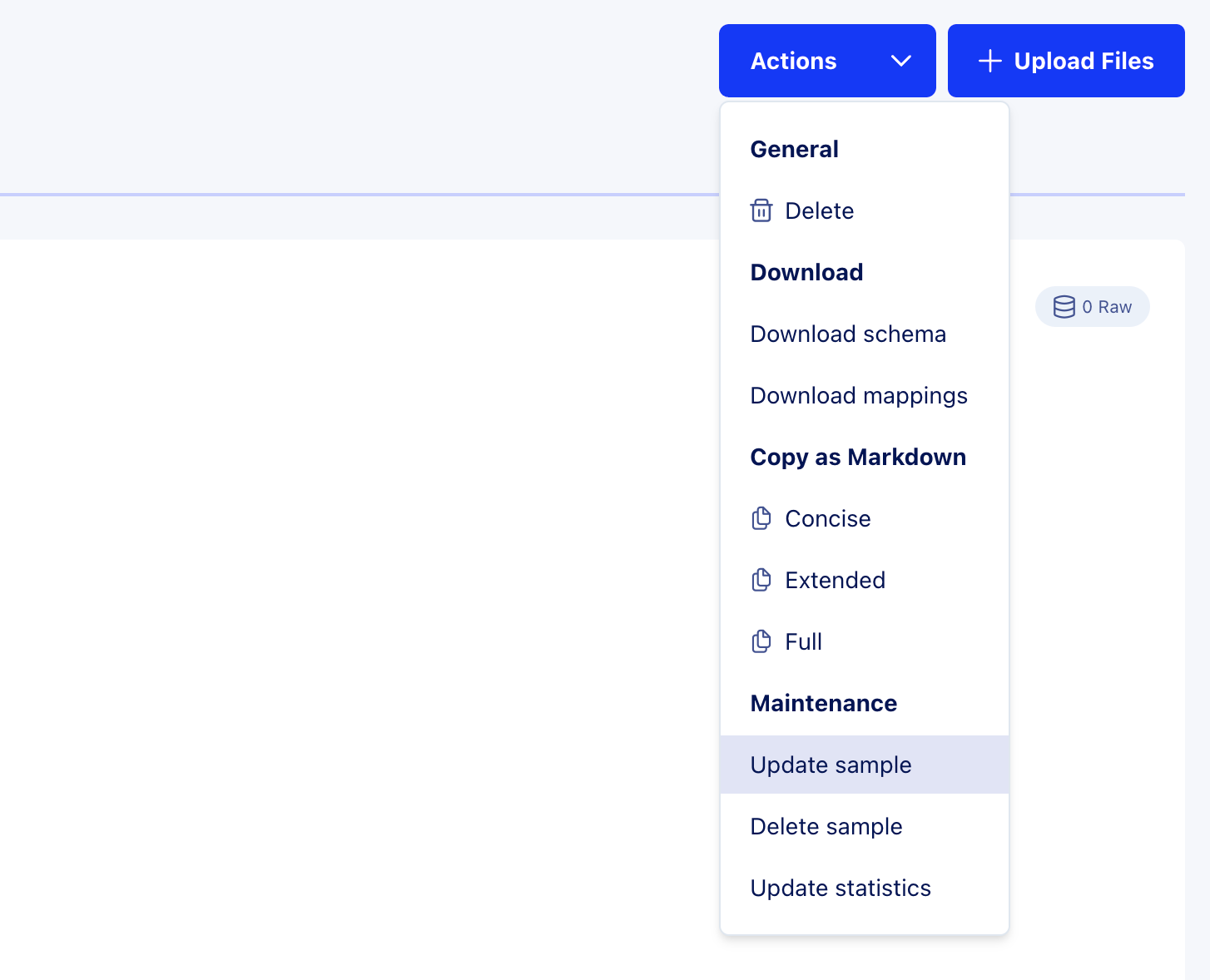 Actions dropdown menu showing Update sample option under Maintenance