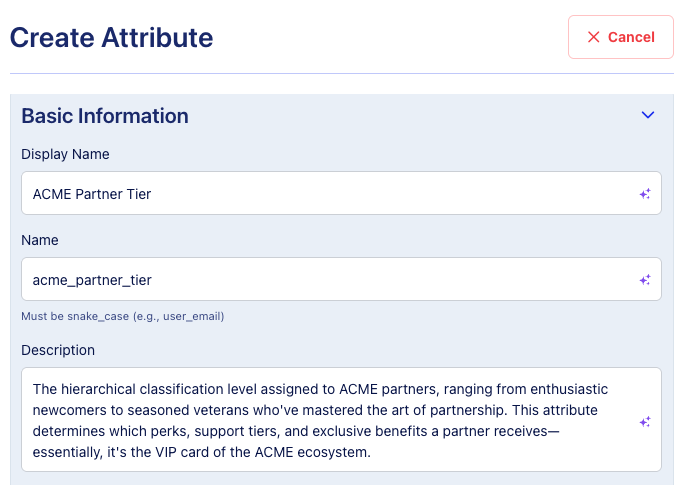 Create Attribute panel showing AI-generated display name, name, and description for an ACME Partner Tier attribute