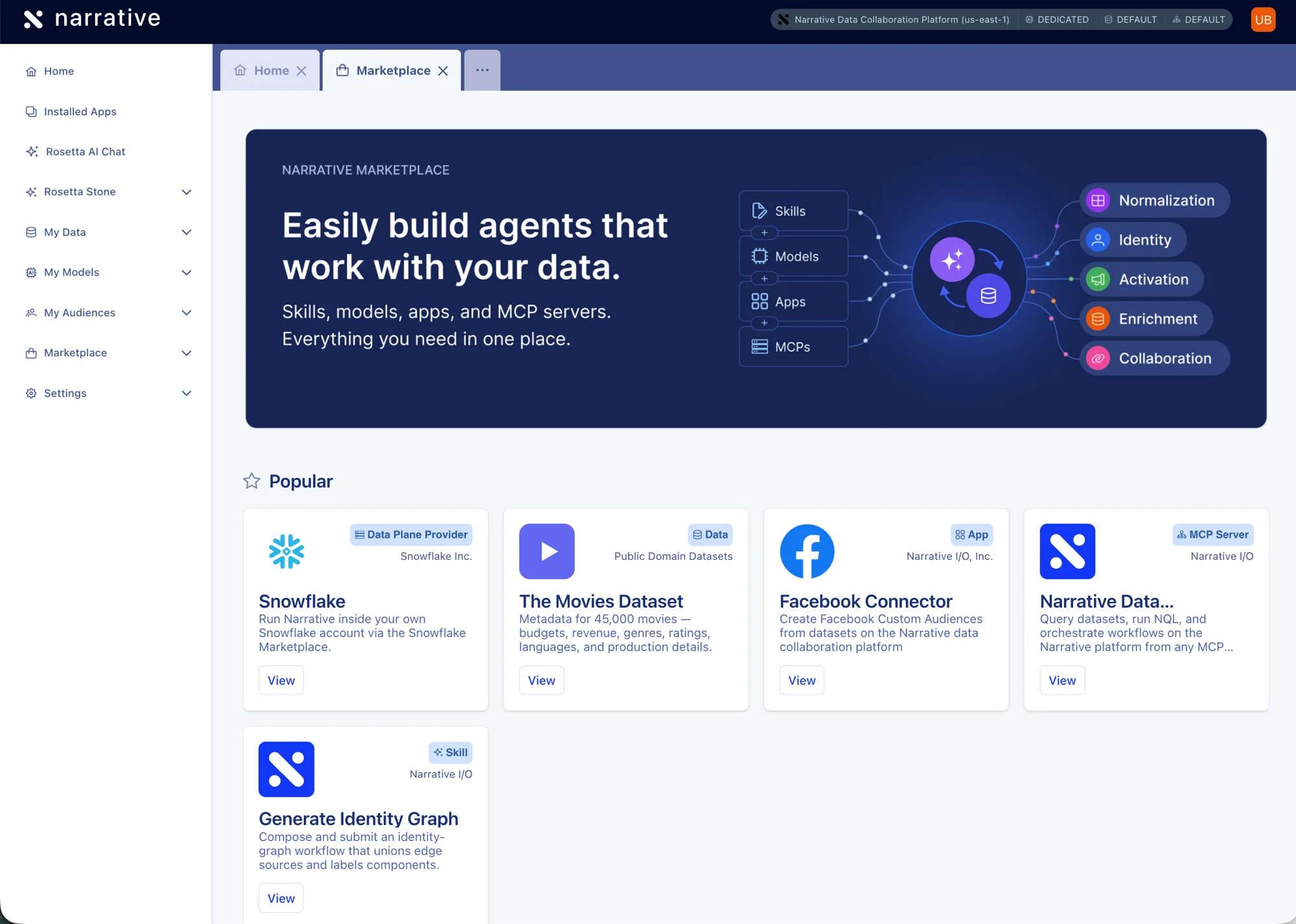 Narrative Marketplace landing page — Easily build agents that work with your data. Skills, models, apps, and MCP servers. Everything you need in one place.