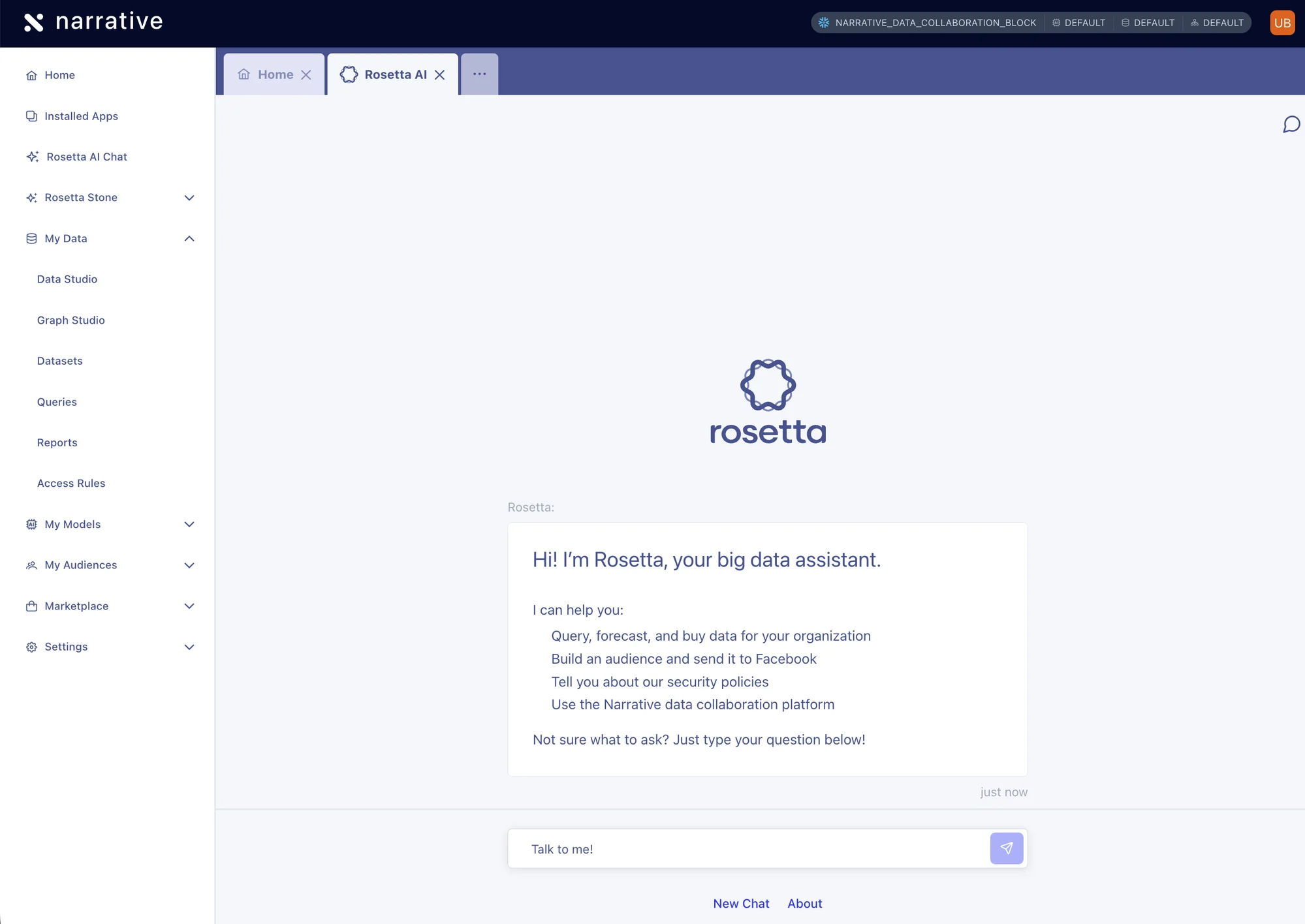 Rosetta AI Chat — Hi! I'm Rosetta, your big data assistant. I can help you query, forecast, and buy data; build audiences; explain security policies; and use the Narrative platform.