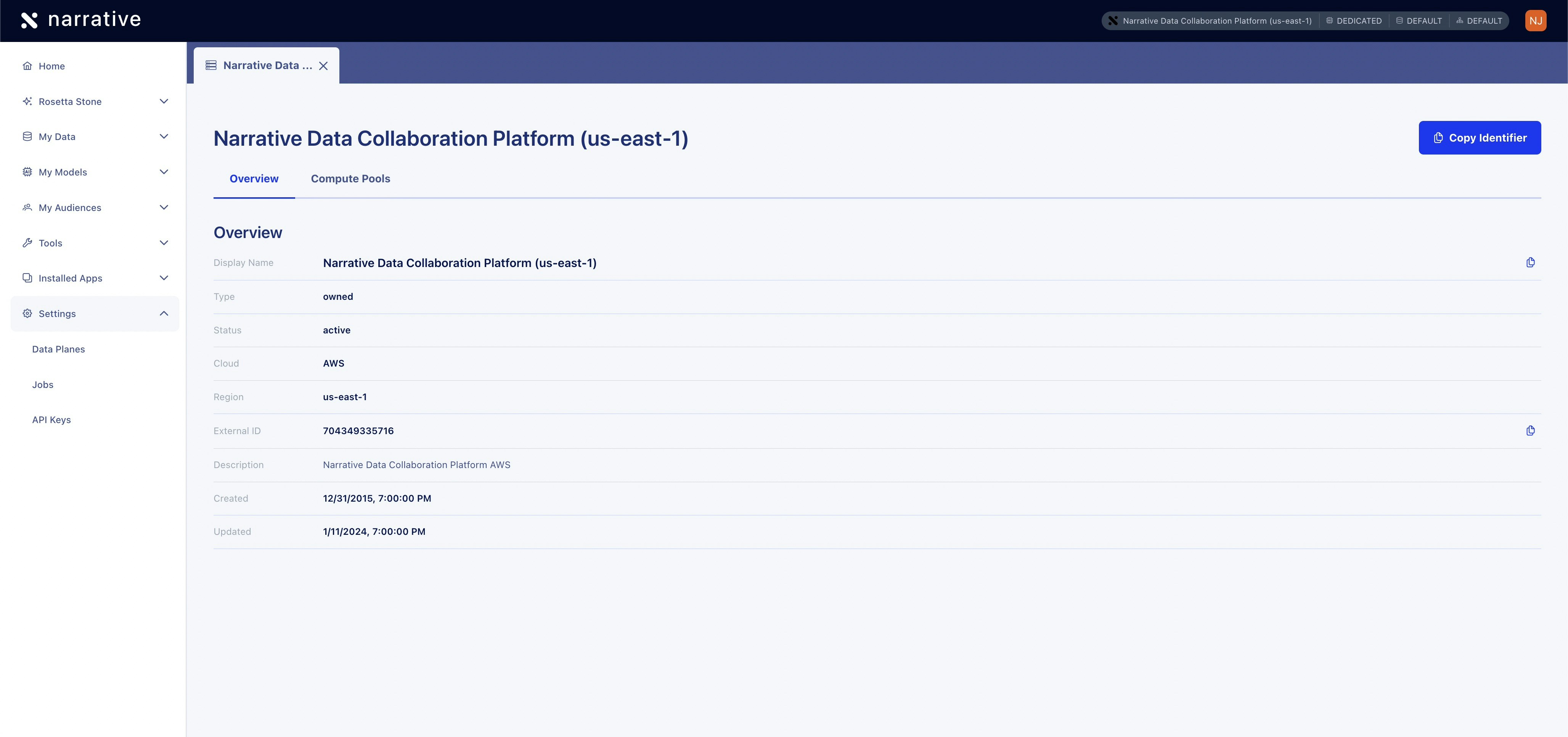Data plane details page showing the Overview tab with configuration fields including display name, type, status, cloud, and region