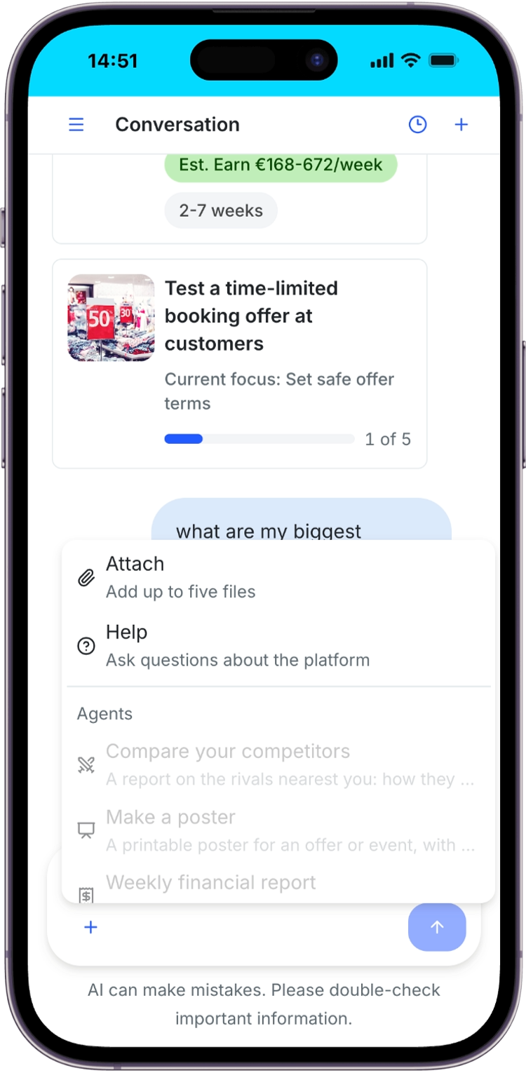 Coach mobile composer with the Add to message menu open, showing Attach and Help above the composer and AI reminder.