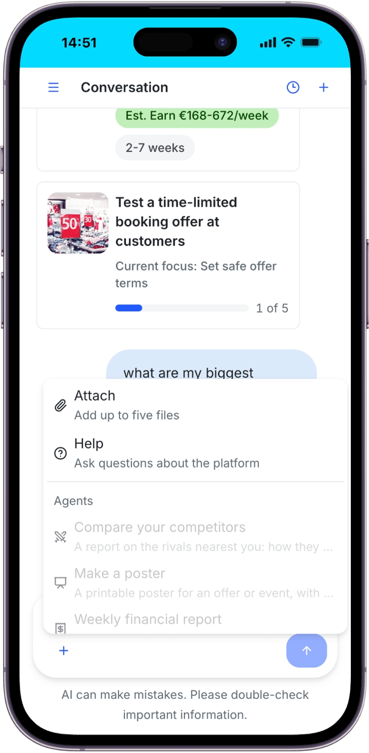 Coach mobile composer with the Add to message menu open, showing Attach and Help above the composer and AI reminder.