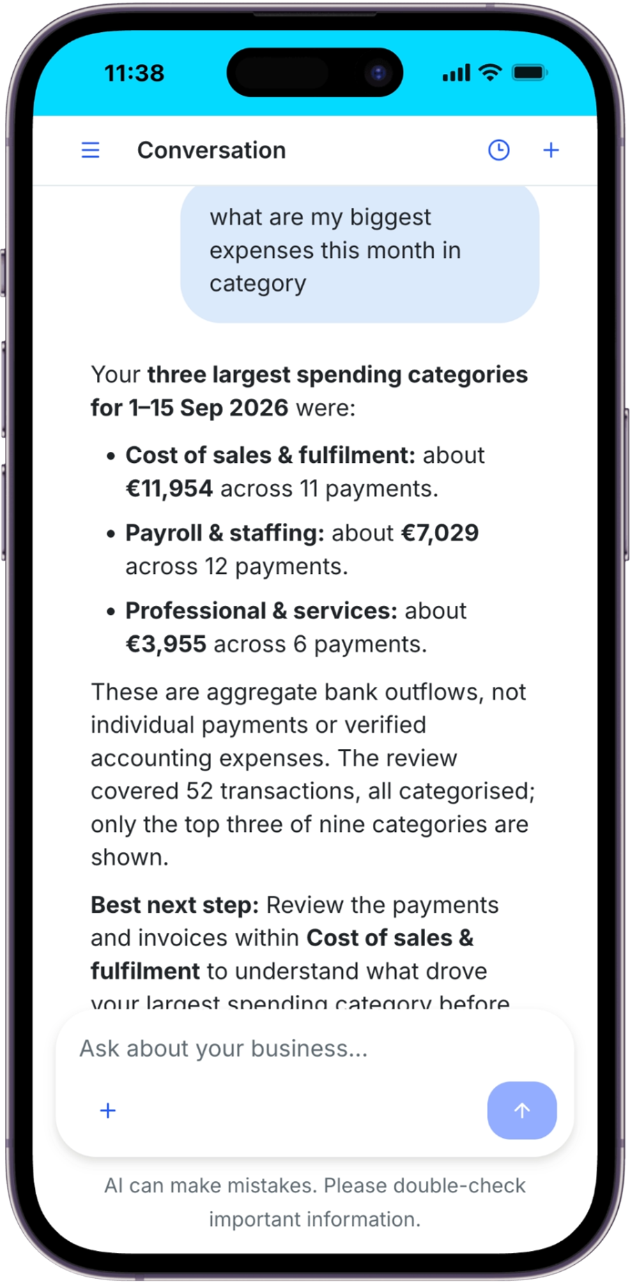 Coach showing three spending categories with euro amounts, reporting dates and a bank-outflow qualification on mobile.