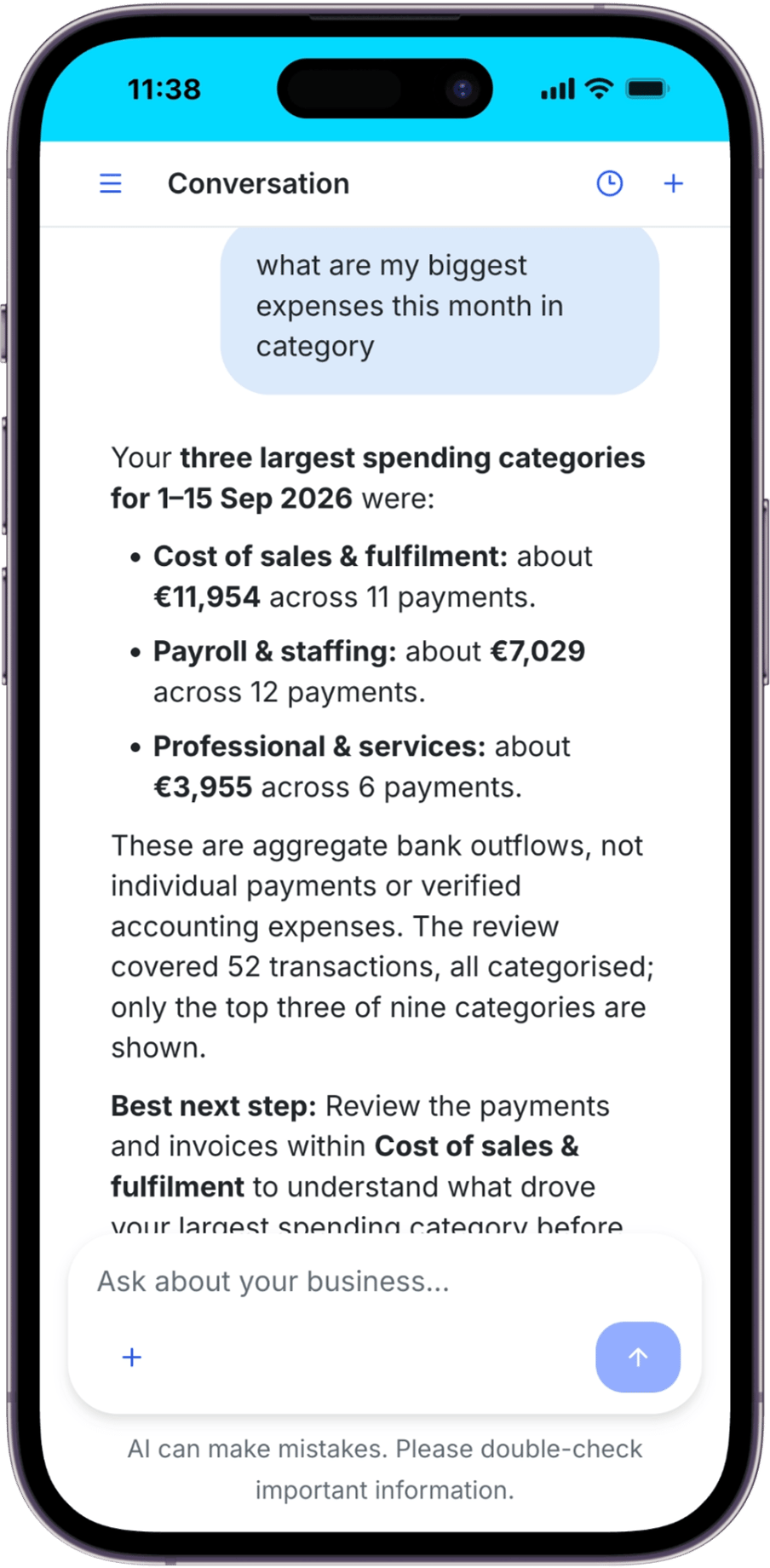 Coach showing three spending categories with euro amounts, reporting dates and a bank-outflow qualification on mobile.