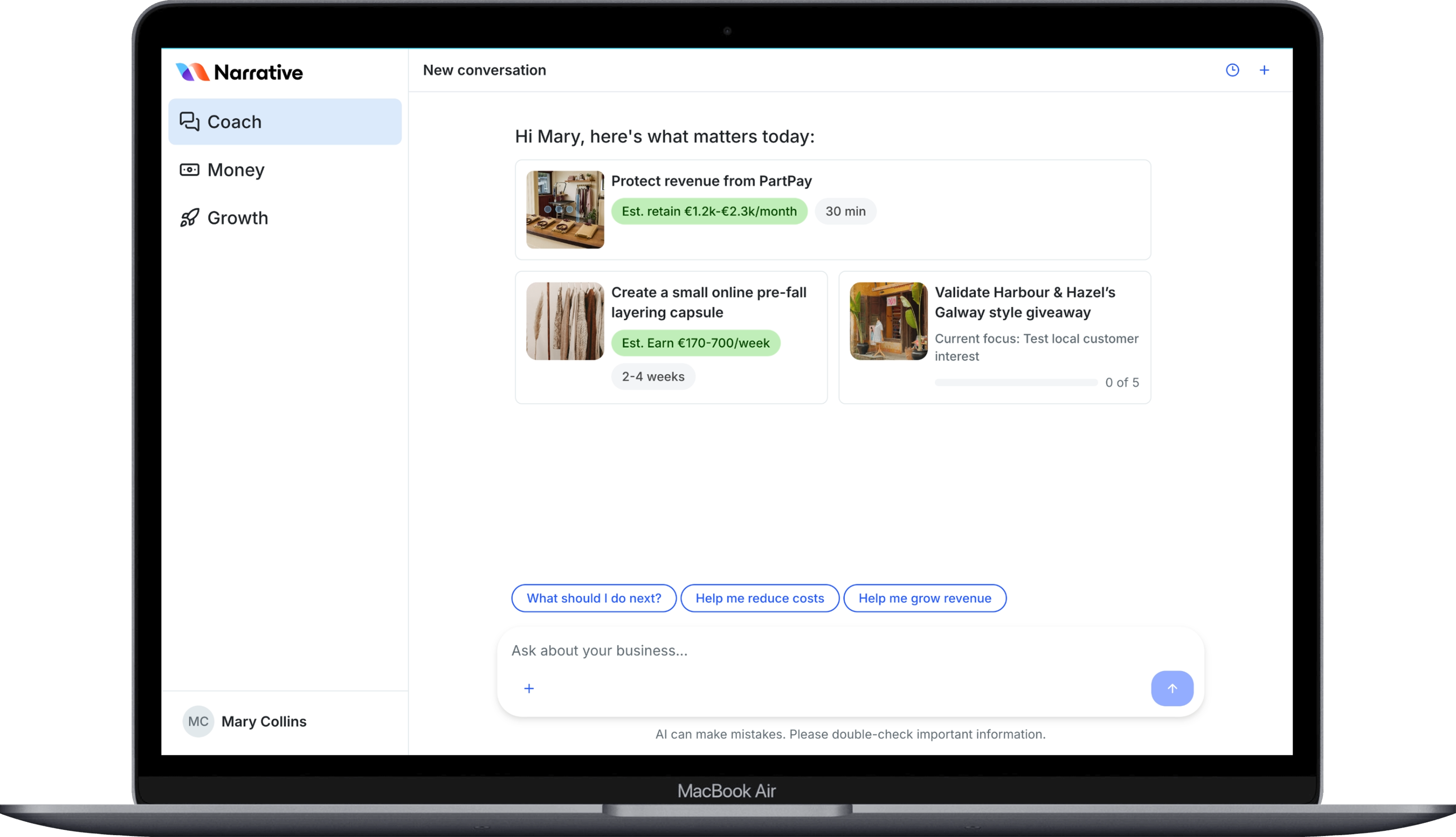Daily Briefing on desktop with a Money action, a Growth opportunity and an active Project.