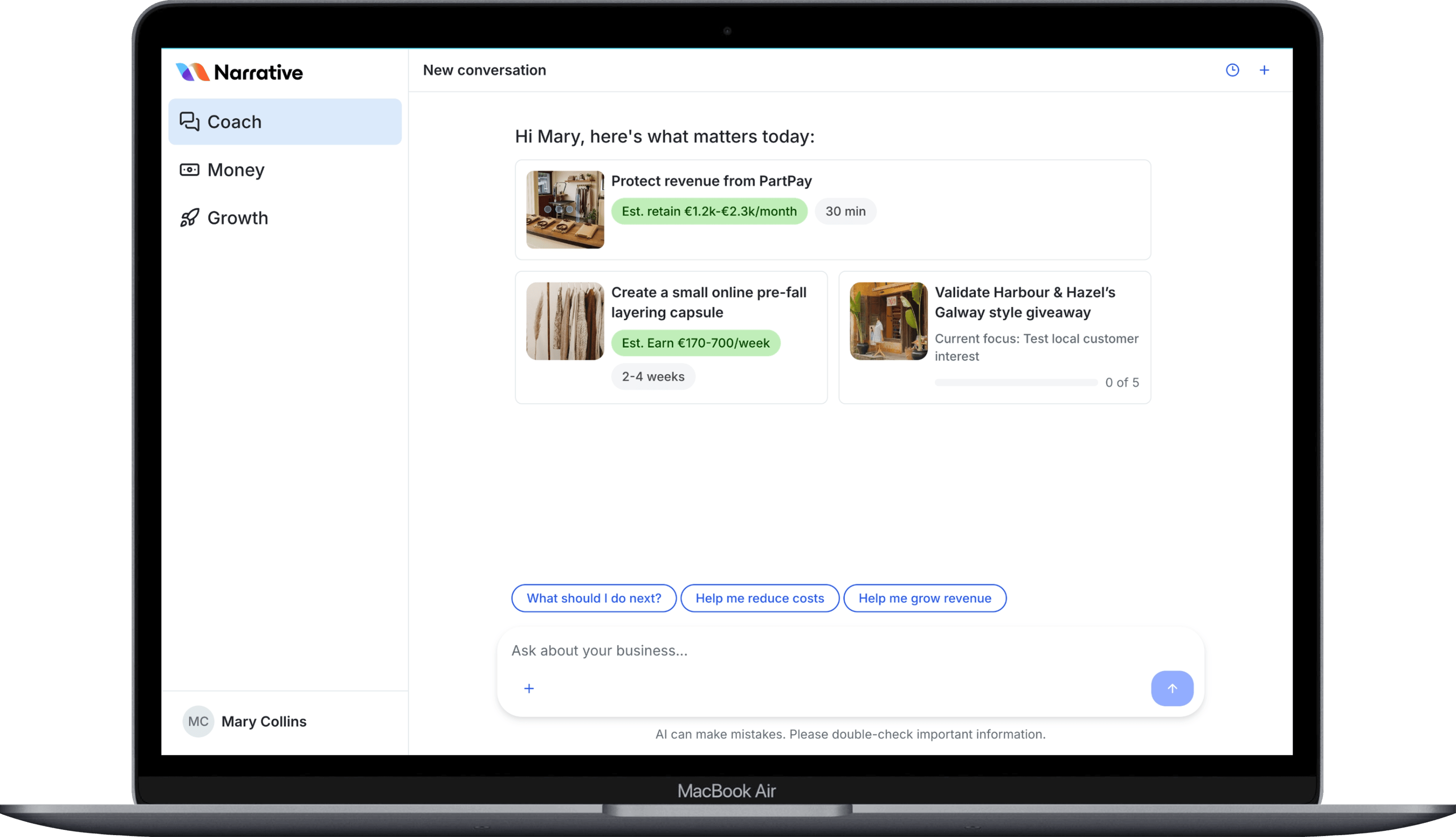 Daily Briefing on desktop with a Money action, a Growth opportunity and an active Project.