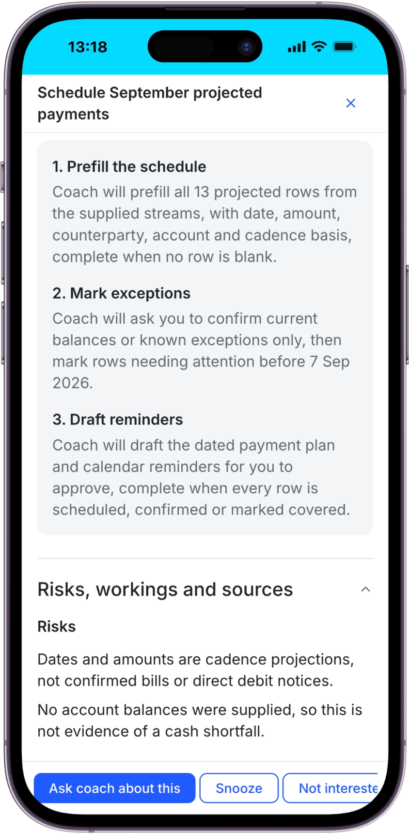 Money Action detail showing projected payment steps, supporting context, and decision controls.