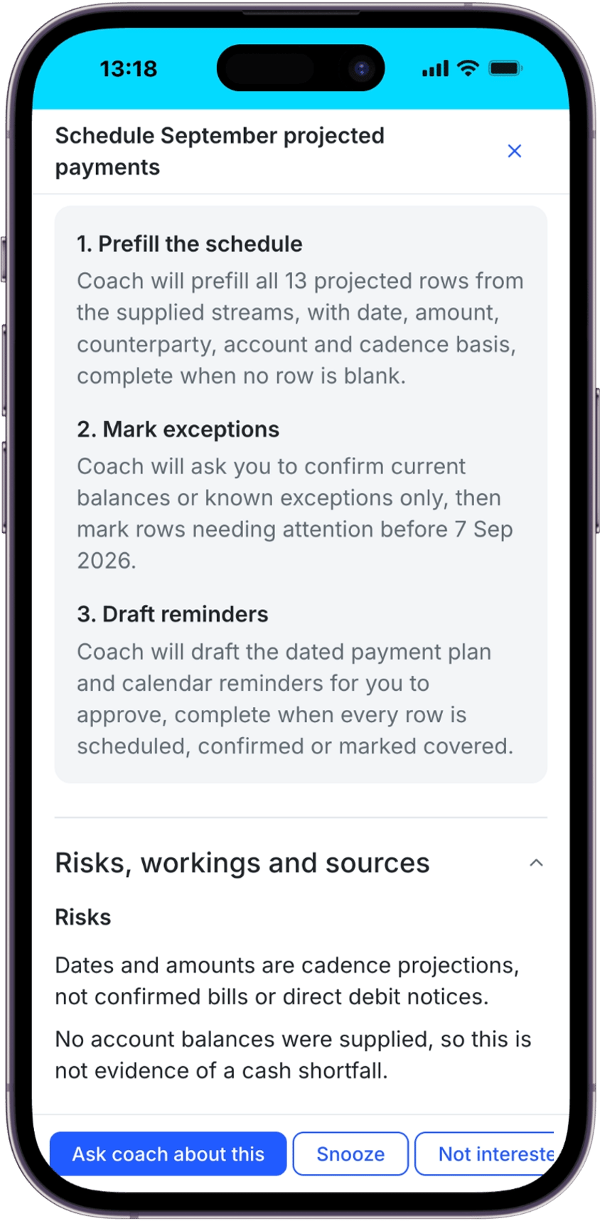 Money Action detail showing projected payment steps, supporting context, and decision controls.