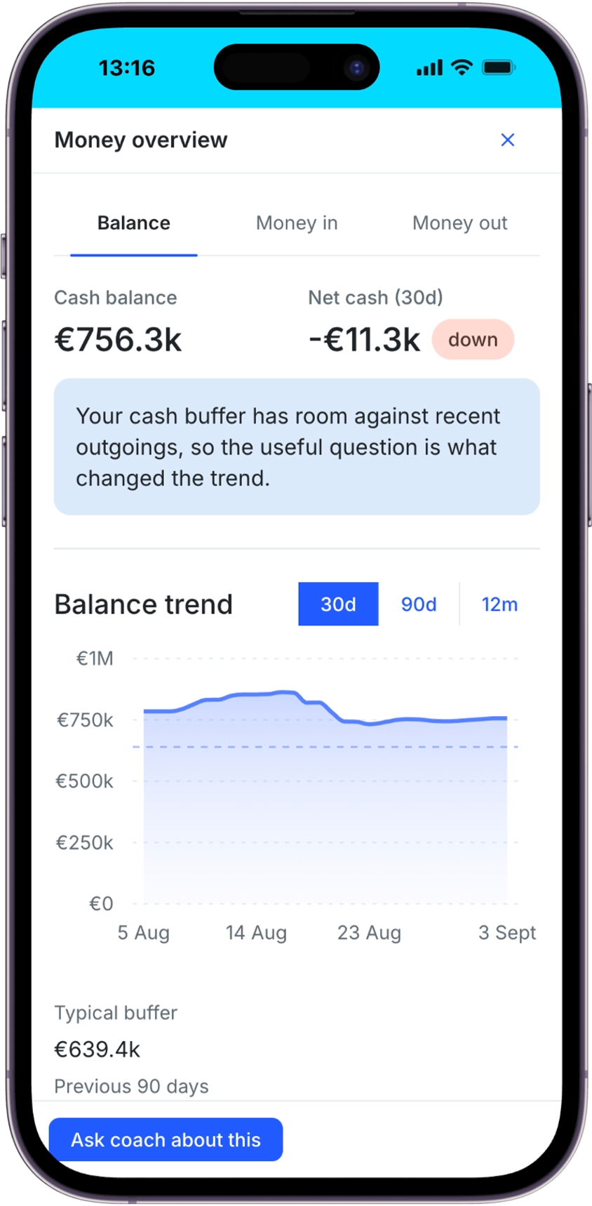 Money overview showing cash balance, 30-day movement, and balance trend.