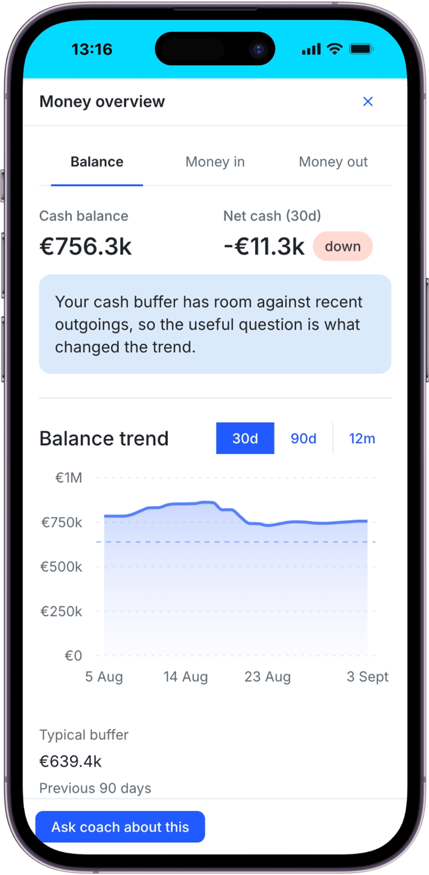Money overview showing cash balance, 30-day movement, and balance trend.