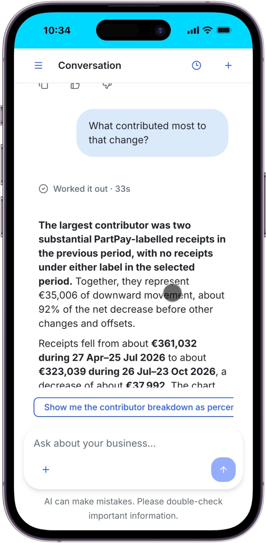 A Coach follow-up asking what contributed most to the change, with the answer referring to the same Income dates and totals.