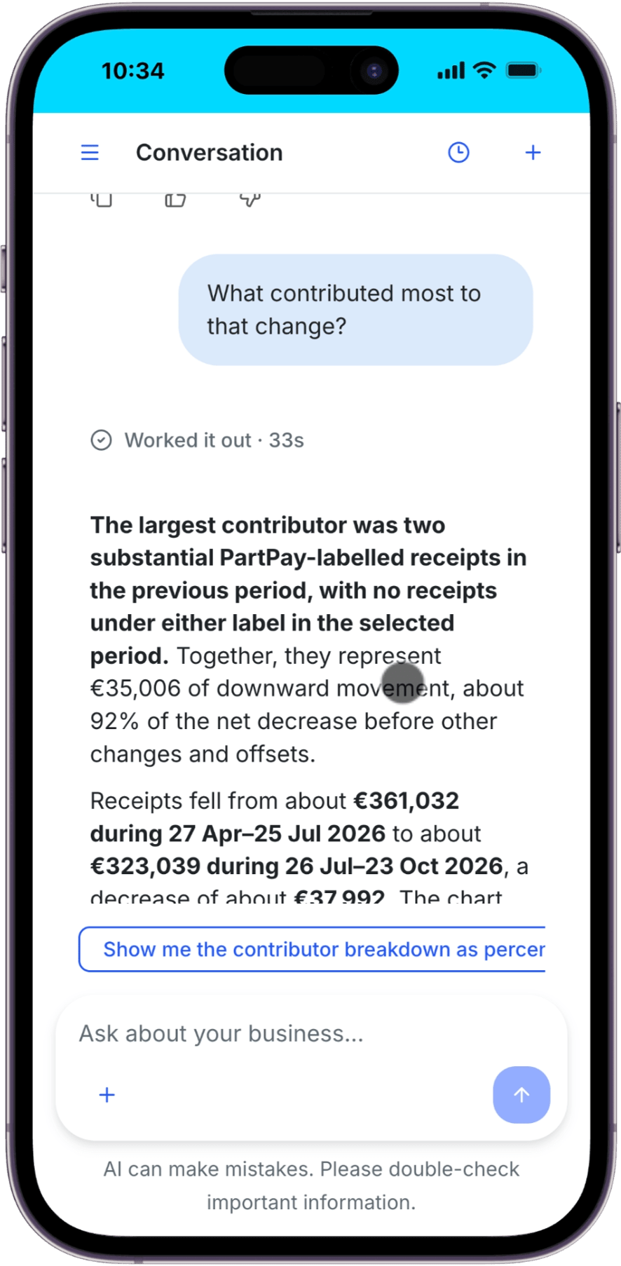 A Coach follow-up asking what contributed most to the change, with the answer referring to the same Income dates and totals.