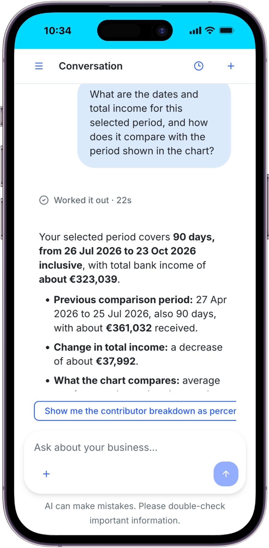 Coach answering a selected Income question with the 90-day dates, total receipts and comparison period, above the composer and AI reminder.