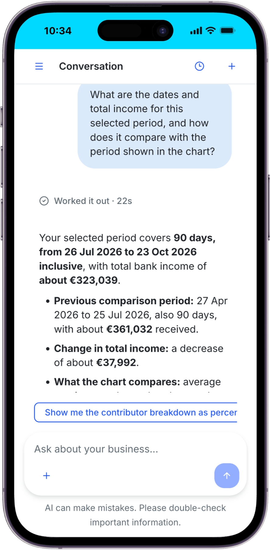 Coach answering a selected Income question with the 90-day dates, total receipts and comparison period, above the composer and AI reminder.