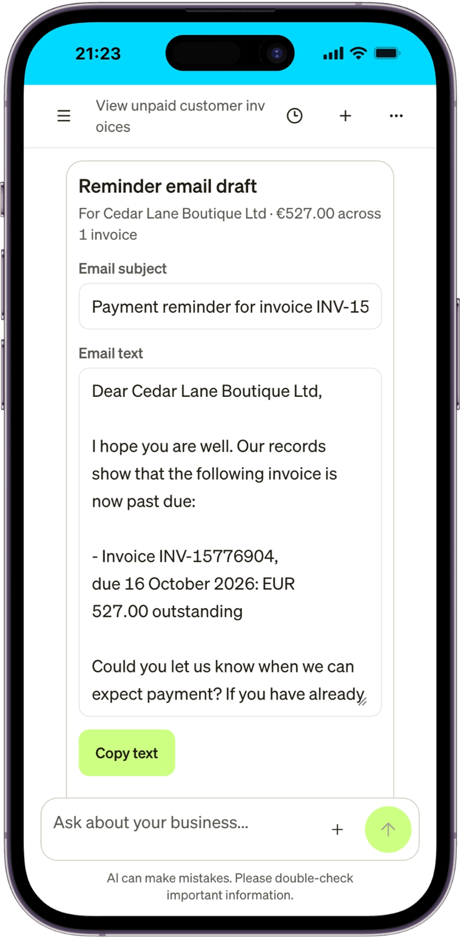 Coach invoice reminder draft showing Email subject, Email text and Copy text.
