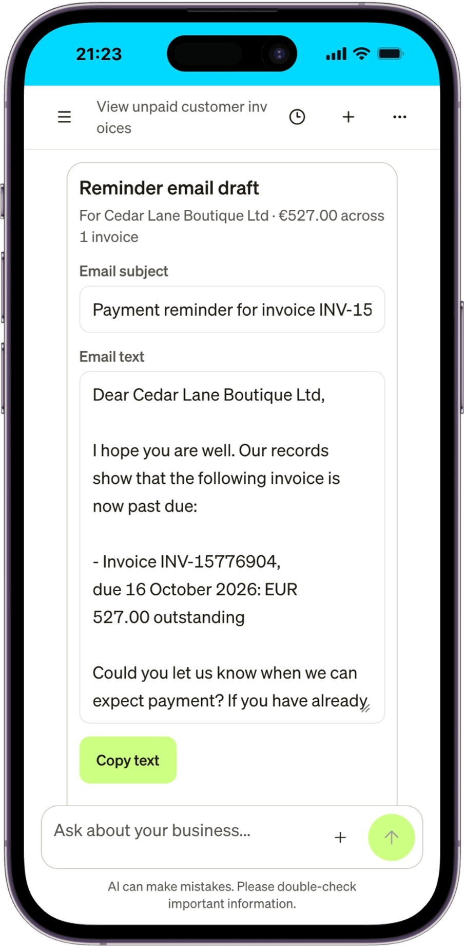 Coach invoice reminder draft showing Email subject, Email text and Copy text.