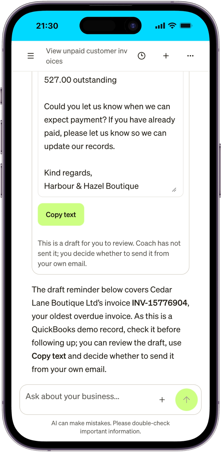 Lower part of a Coach reminder draft with Copy text, the review and sending disclosure, and a demo-record qualification.